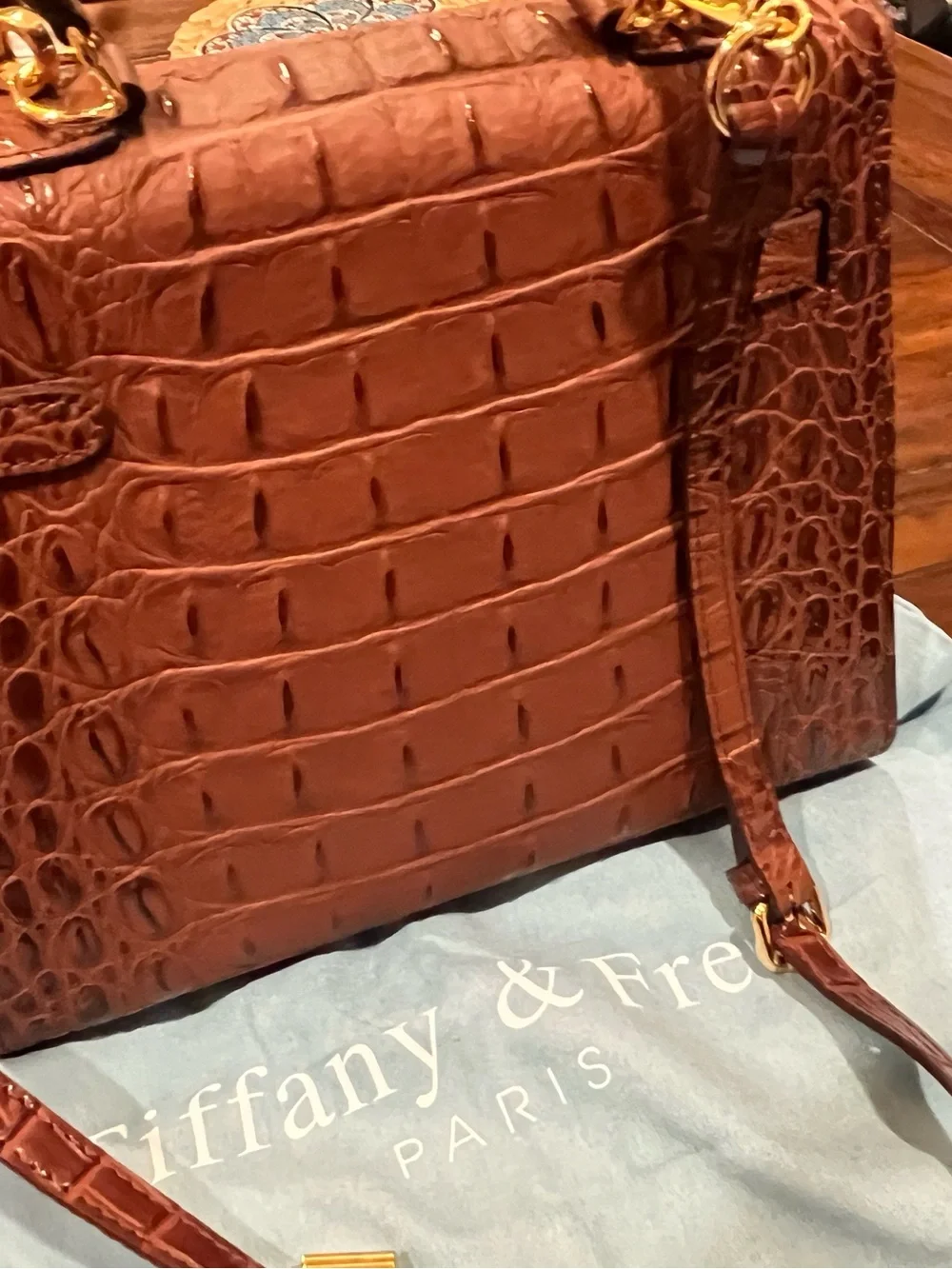 Tiffany & Fred Brown Croc-Embossed Top-Handle Satchel, Gold Hardware, handmade